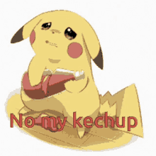 a pikachu is holding a bottle of ketchup with the words no my ketchup below it