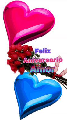 a pink heart and a blue heart with the words feliz aniversario