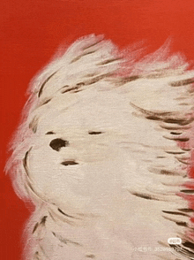 a close up of a painting of a white dog with a red background