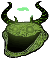 a troll face with horns and glowing green eyes