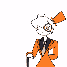 a cartoon character wearing an orange suit and top hat holding a cane .