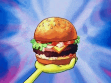 a cartoon hand is holding a hamburger with lettuce and cheese