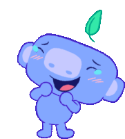 a blue cartoon character with a leaf on its head