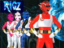 a group of power rangers standing next to each other with the word riz in the background