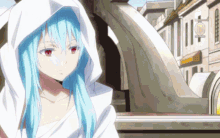 a girl with blue hair and red eyes is wearing a white hooded sweatshirt .