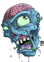 a cartoon drawing of a zombie head with a brain