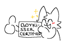 a drawing of a cat holding a sign that says boyki-sser certified