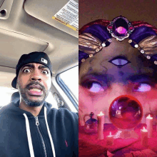 a man in a car next to a picture of a third eye