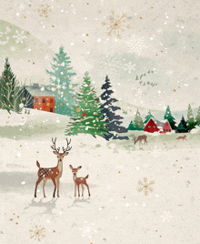 a painting of deer and a christmas tree in a snowy forest