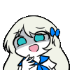 a cartoon girl with long white hair and a blue bow on her head is making a funny face .