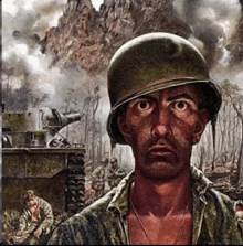 a painting of a man in a helmet with a tank in the background that says ' bb ' on it