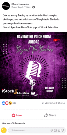 a purple poster with a microphone and the words navigating voice form abroad