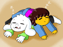 a cartoon drawing of a goat and a girl sleeping with zzz written on the ground