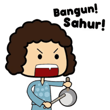 a cartoon of a woman with curly hair holding a pot and a spoon .