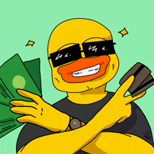 a cartoon of a duck wearing sunglasses and holding money