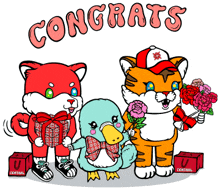 a cartoon of a cat a duck and a tiger with the words congrats written above them