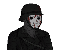 a drawing of a soldier wearing a bloody mask and a helmet