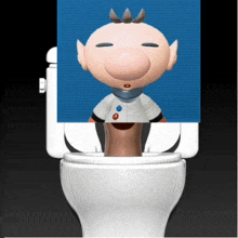 a cartoon character is sitting on a toilet with a blue background