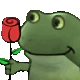 a pixel art of a frog holding a red rose in its mouth .