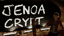 a man wearing headphones stands in front of a sign that says " jenoa cryit "