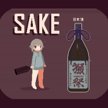 a pixel art illustration of a girl holding a bat and a bottle of sake