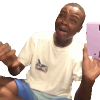 a man in a white shirt is holding a purple cell phone