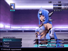 a screenshot of a video game shows a girl with blue hair and a purple background