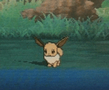 a pixel art eevee is standing in the grass near a body of water .