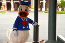 a donald duck mascot is standing next to a post