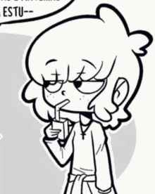 a black and white drawing of a girl drinking through a straw