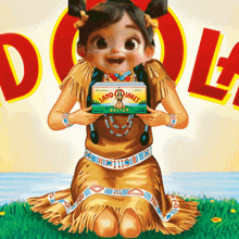 a little girl in a native american outfit holds a box of land lakes butter