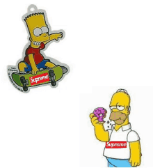 bart simpson is riding a skateboard and homer simpson is eating a donut with a supreme logo .