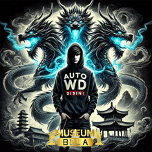 a man wearing a hoodie that says auto wd standing in front of two dragons