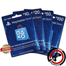 four playstation store gift cards are stacked on top of one another