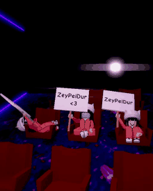 a group of people are sitting in red chairs holding signs that say zeypeldur < 3