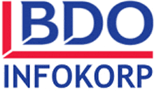 a blue and red logo for bdo infokorp on a white background