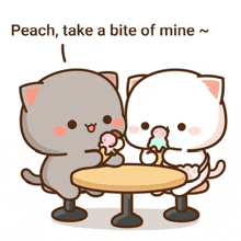 two cartoon cats are sitting at a table eating ice cream and one says peach , take a bite of mine