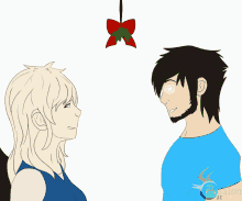 a man and a woman are under a mistletoe