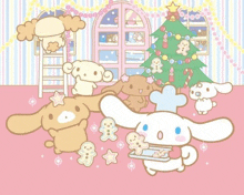 cinnamoroll is holding a tray of gingerbread men in front of a christmas tree in a pink room .