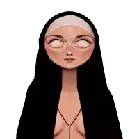 a drawing of a nun with her eyes closed and a rosary around her neck