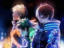 a group of anime characters standing next to each other on a dark background .