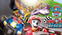 a poster for paw patrol ready to race rescue shows a group of dogs racing on a race track .