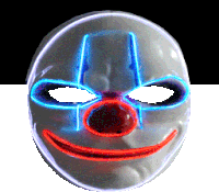 a clown mask with blue eyes and red nose