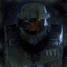 a close up of a halo character with the number 117 on his chest