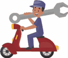 a man is riding a scooter while holding a large wrench