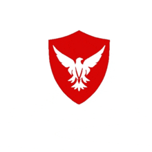 a red shield with a white bird on it on a white background