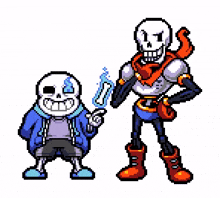 sans and papyrus from undertale are standing next to each other in pixel art .