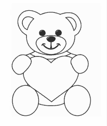 a black and white drawing of a teddy bear holding a heart in its paws