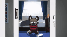 a cartoon of a hyena in a bedroom with a guitar