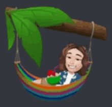 a cartoon girl is laying in a hammock under a palm tree .